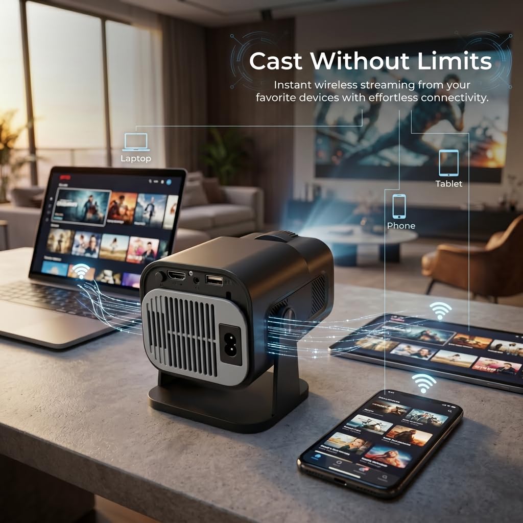 AILKIN Short Throw Smart Mini Projector with Android 13, WiFi & Bluetooth, 9000 Lumens Portable HD 720P Projector, 4K Supported, 130" Display, Mobile Screen Cast, HDMI USB for Home Theater & Gaming - Image 2