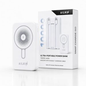 AILKIN 10000mAh Portable Power Bank in White | MagSafe Wireless Charging