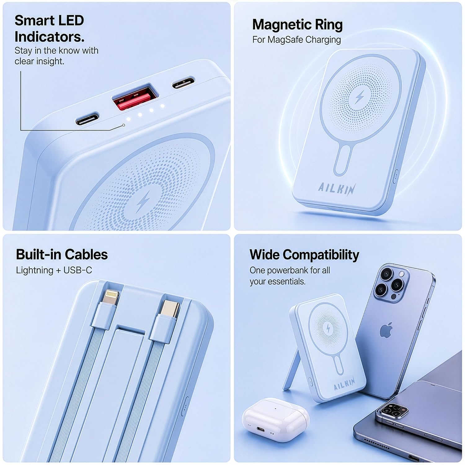 AILKIN 10000mAh Power Bank with MagSafe Wireless Charging Blue - Image 9