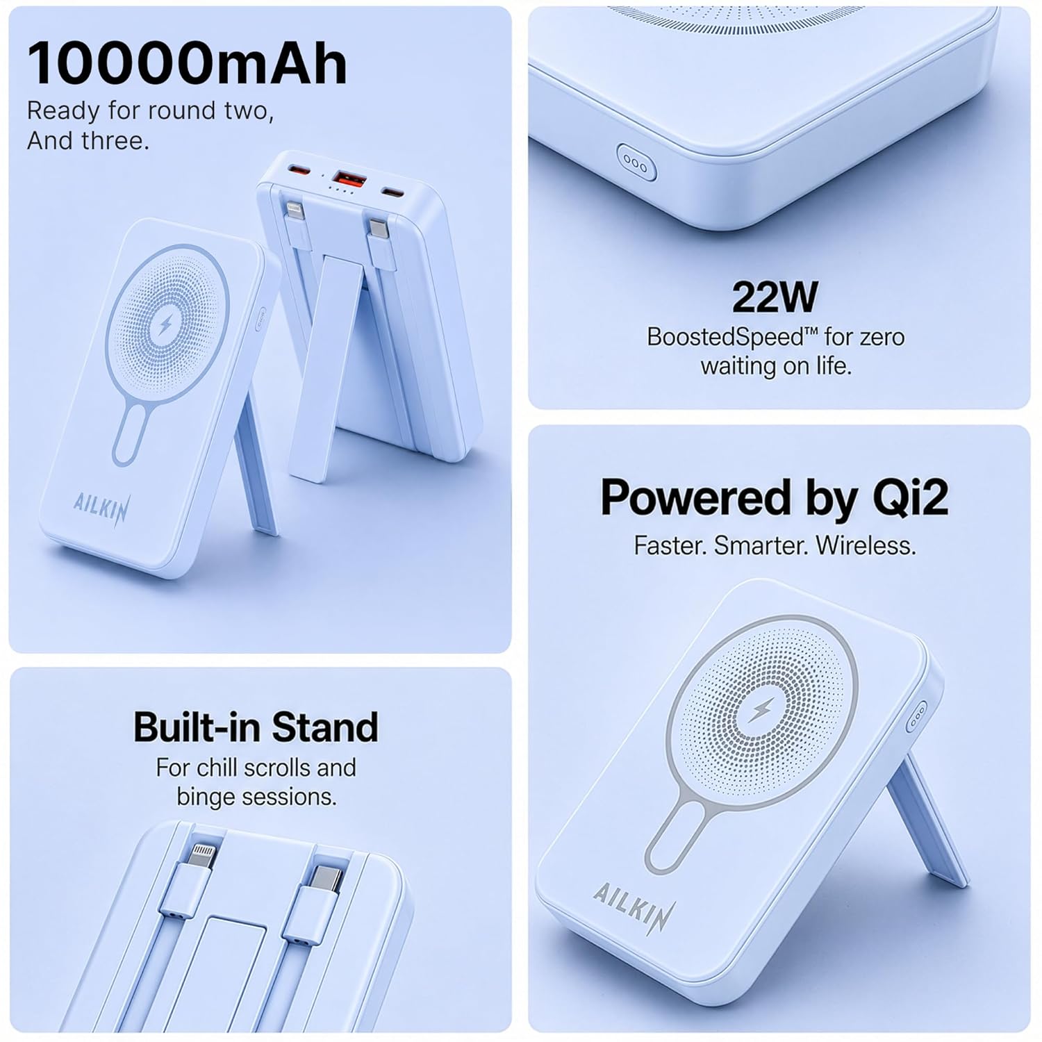 AILKIN 10000mAh Power Bank with MagSafe Wireless Charging Blue - Image 7
