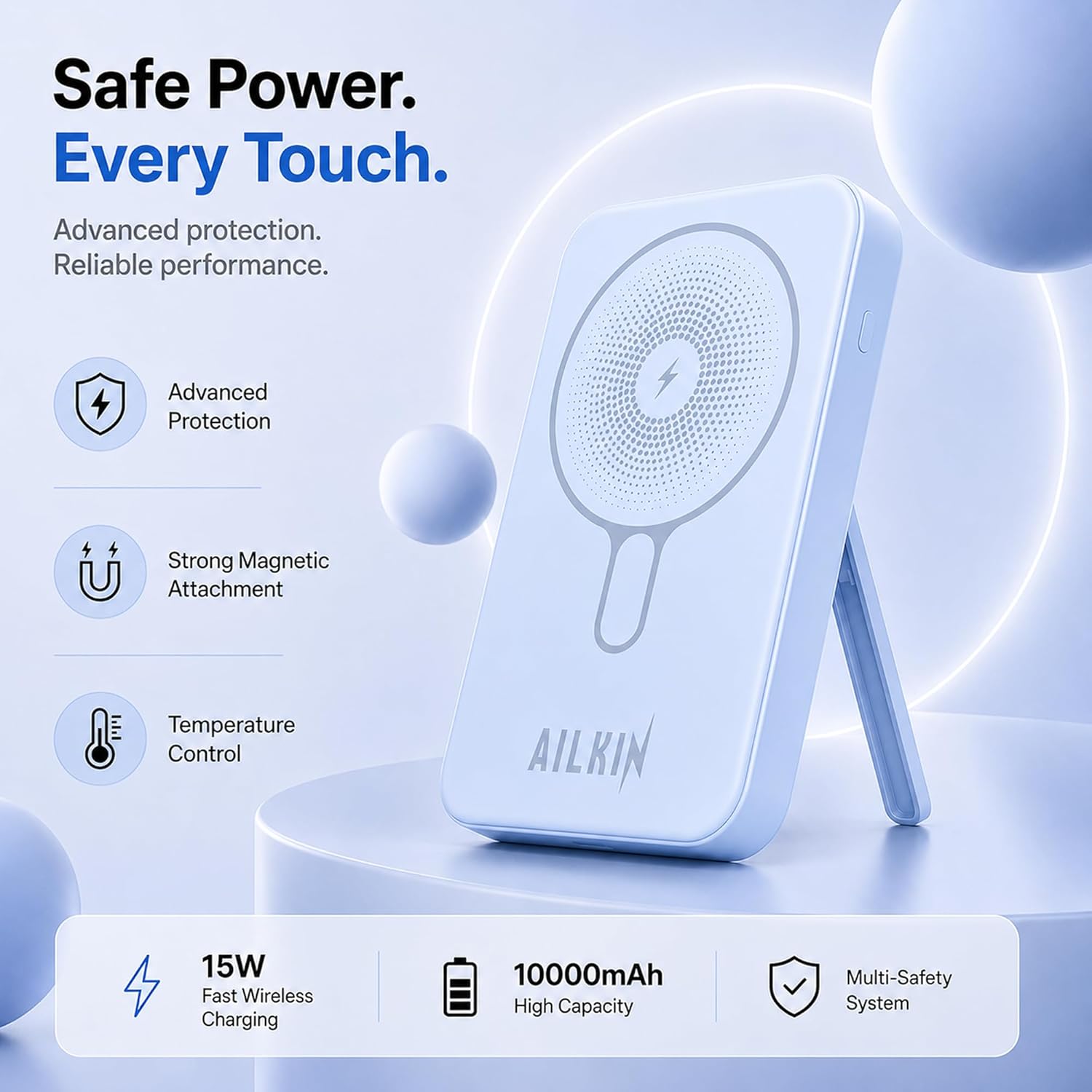 AILKIN 10000mAh Power Bank with MagSafe Wireless Charging Blue - Image 3